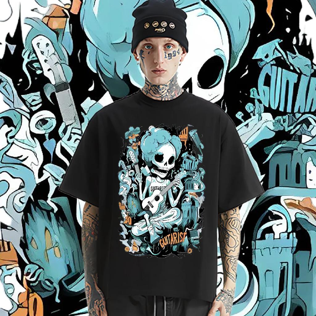 Dödskalle Lös Oversize O-ringad T-shirt Amerikansk Retro För Män T-shirt Tryckt Casual Komfort T-shirt Bekväm Rapstil Tee