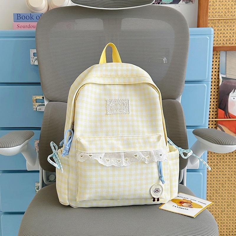Schoolbag Korean fresh plaid corrugated backpack girl heart lace small schoolbag girls junior high school students female commuter bag