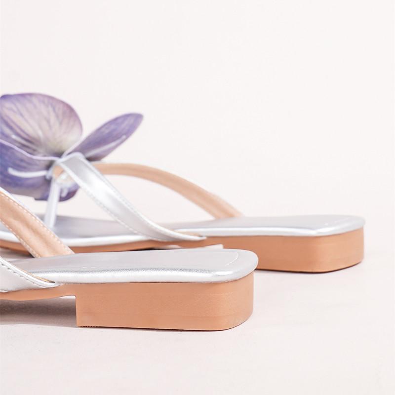 Fashion Luxury Flower Women Sandals Fashion Medium Heeled Square Toe Open-toe Large Size Women Flip-flops Simple Comfortable Women Flats