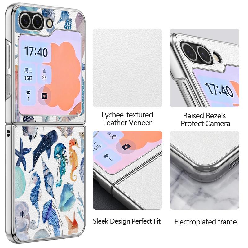 Sea Turtle Pattern PU Leather Phone Case For Samsung Galaxy Z Flip7 FE Flip6 Flip 7 6 5 5G Silver Plating Frame Hard Back Cover