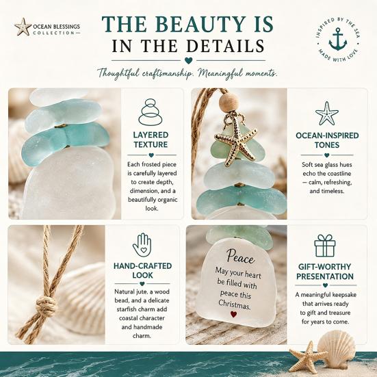 Christmas Tree Decor Sea Glass Ornament, Seaglass Art Hanging with Starfish Charm, Acrylic Ornaments Peace Love Joy Faith Family Friends Hope Pendant