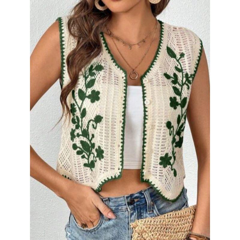 Europe and America Cross Border Spring and Summer V Neck Plant Pattern Knitting Crocheted Cut Out Single-Breasted Short Vest Vest Tops Women