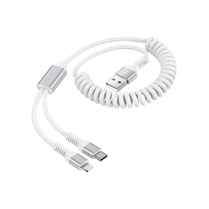 iPhone Charger Cord, USB to Lightning/C Charging Cable Coiled Fast Charge Wire 2-in-1 for Apple 17 Air 16 Pro Max 15 14 Plus 13, Galaxy Z Flip7 S25 белый