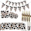 High-quality Party Tableware Set Black Brown Cow Print Paper Plates Cups And Utensils