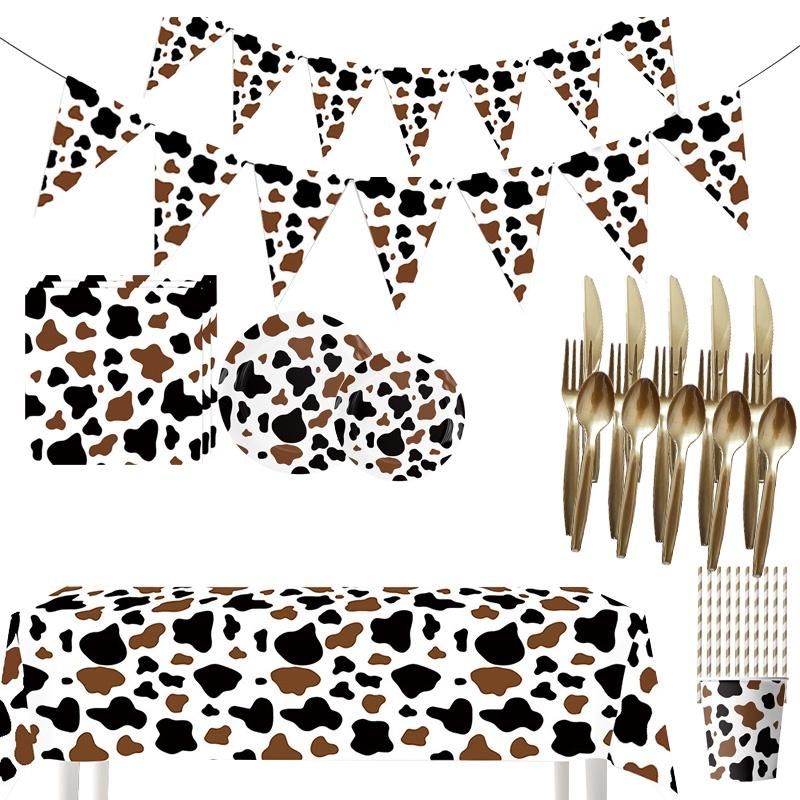 High-quality Party Tableware Set Black Brown Cow Print Paper Plates Cups And Utensils