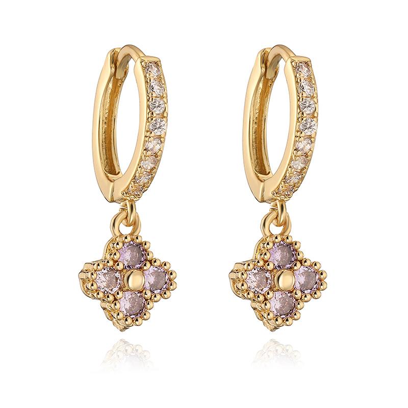 

HECHENG Brass 18K Golden-Plated Crystal Zirconia Flower Dangle Earrings Perforated Ladies Jewellery 1 Pair WHITE фіолетовий