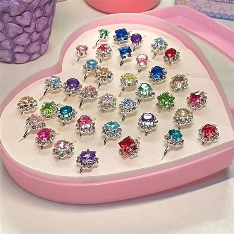 Water Crystal Diamond Princess Adjustable Ring With Heart Box For Girls