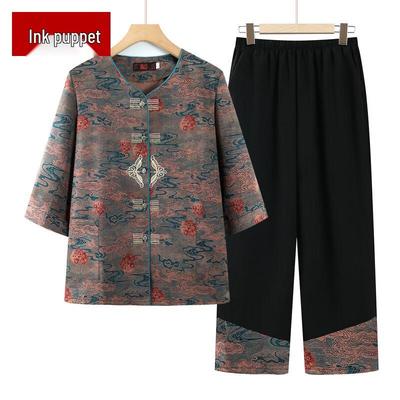 Mid-Aged Women's Summer Tang Suit Style Floral Two-Piece Set