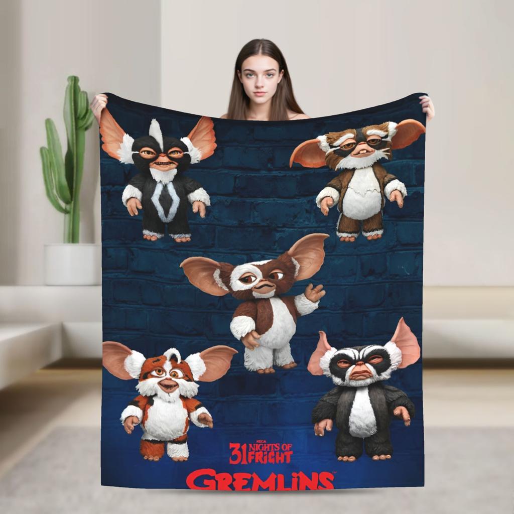 Gizmo Mogwai Monster Gremlins Flannel Blanket for Home Decor Airplane Travel Aesthetic Bedspread Sofa Bed Cover