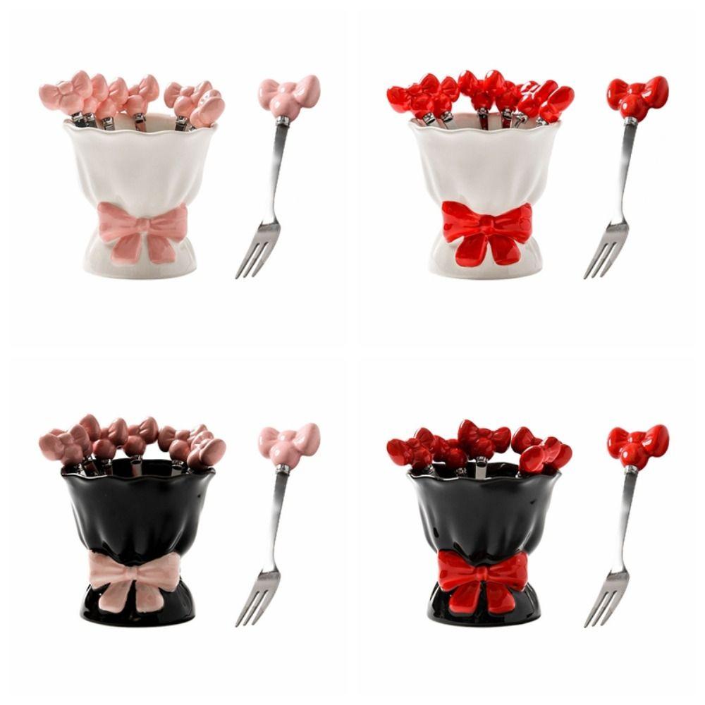 Bowknot Ceramic Fruit Forks Set Creative Solid Color Ceramic Fruit Forks Receipt Jar Ins Style Household