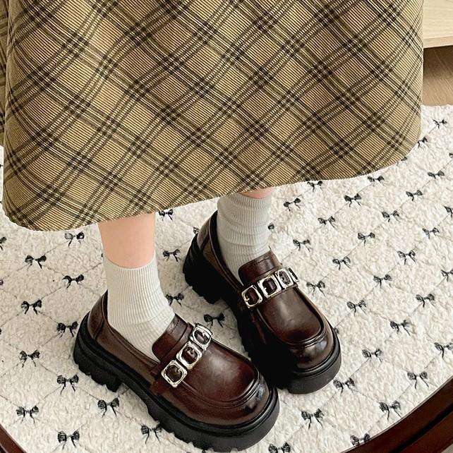 Brown British Style Thick Heel Platform Small Leather Shoes Women's 2025 New Autumn and Winter Versatile Height Increase One Pedal Loafers