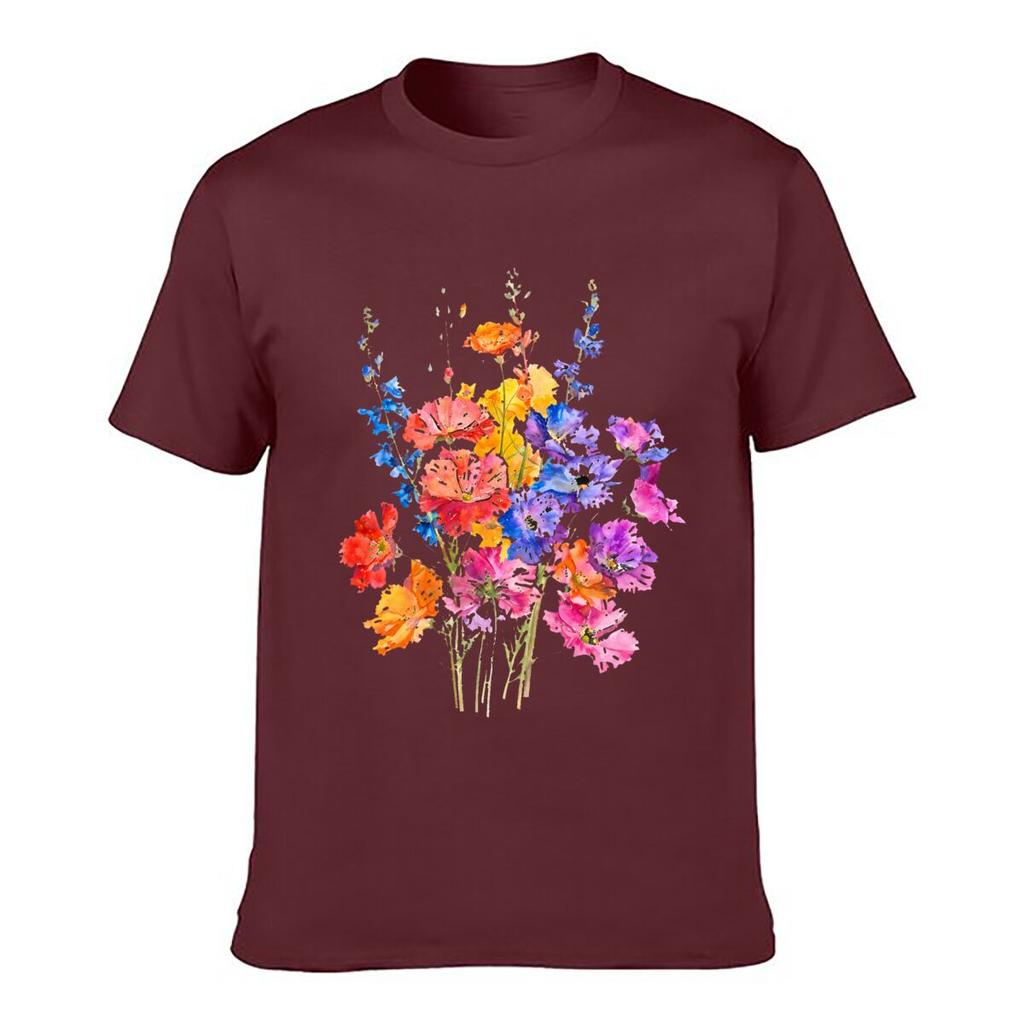 Colorful Wildflowers Watercolor Floral Bouquet Botanical Art Unisex Summer Washed Tee Loose Distressed Top