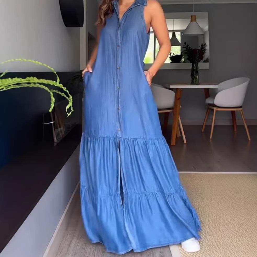 2026 Euro-American Loose Sleeveless Denim Shirt with Layered Skirt