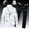 Men's Slim Fit Denim Jacket Pants 2pcs Set Long Sleeve Coats Letters Printed Casual Large Size Black White Red Boys Trousers