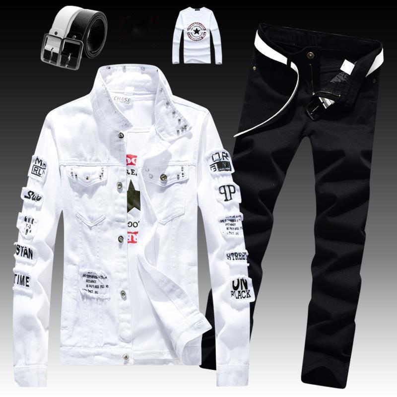 Men's Slim Fit Denim Jacket Pants 2pcs Set Long Sleeve Coats Letters Printed Casual Large Size Black White Red Boys Trousers