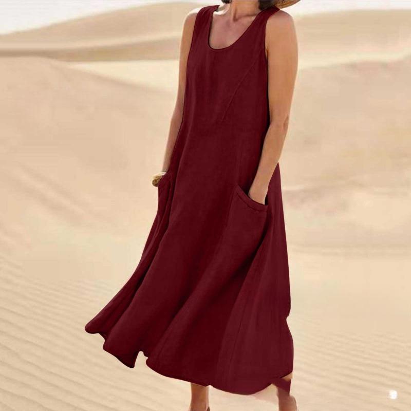 Summer Pocket Sleeveless Round Neck Women's Cotton and Linen Dress