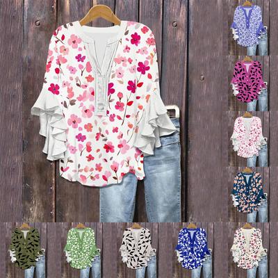 Women's Summer Tops V Neck Three-quarter Sleeves Floral Print Flowing Ruffle Sleeves Half-button Shirt
