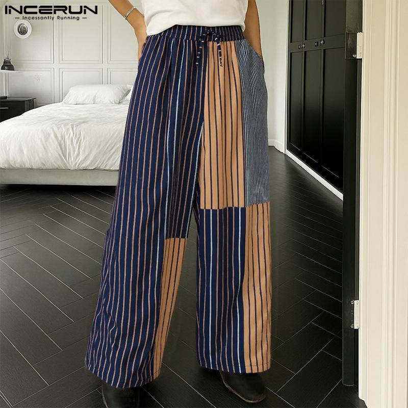 INCERUN Men Casual Elastic Waist Stitching Striped Long Trousers Pants