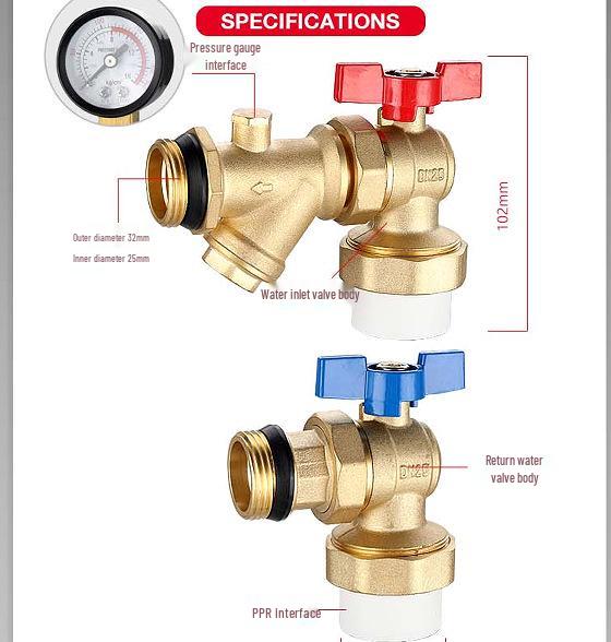 Multi-Functional Floor Heating Manifold with Filter, PPR25/32 Double Union, 1-Inch Brass Ball Valve, Male/Female Thread