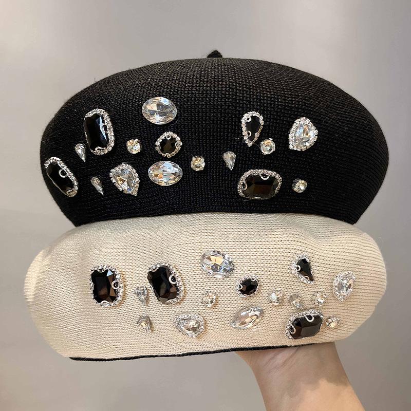 New Rhinestone Beret Women's Spring and Autumn Black Knitted Face Small Elegant Fashion Versatile Painter Hat