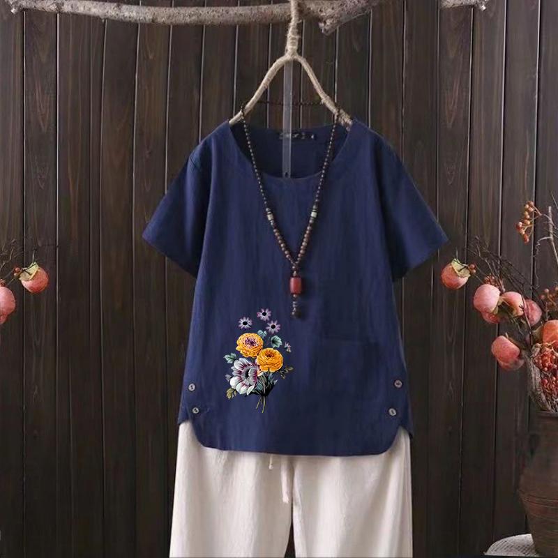 

Новая женская коллекция Botanical от 2025 года | Повседневная футболка из смеси хлопка и льна с V-образным вырезом и принтом подсолнечника 4XL темно-синий