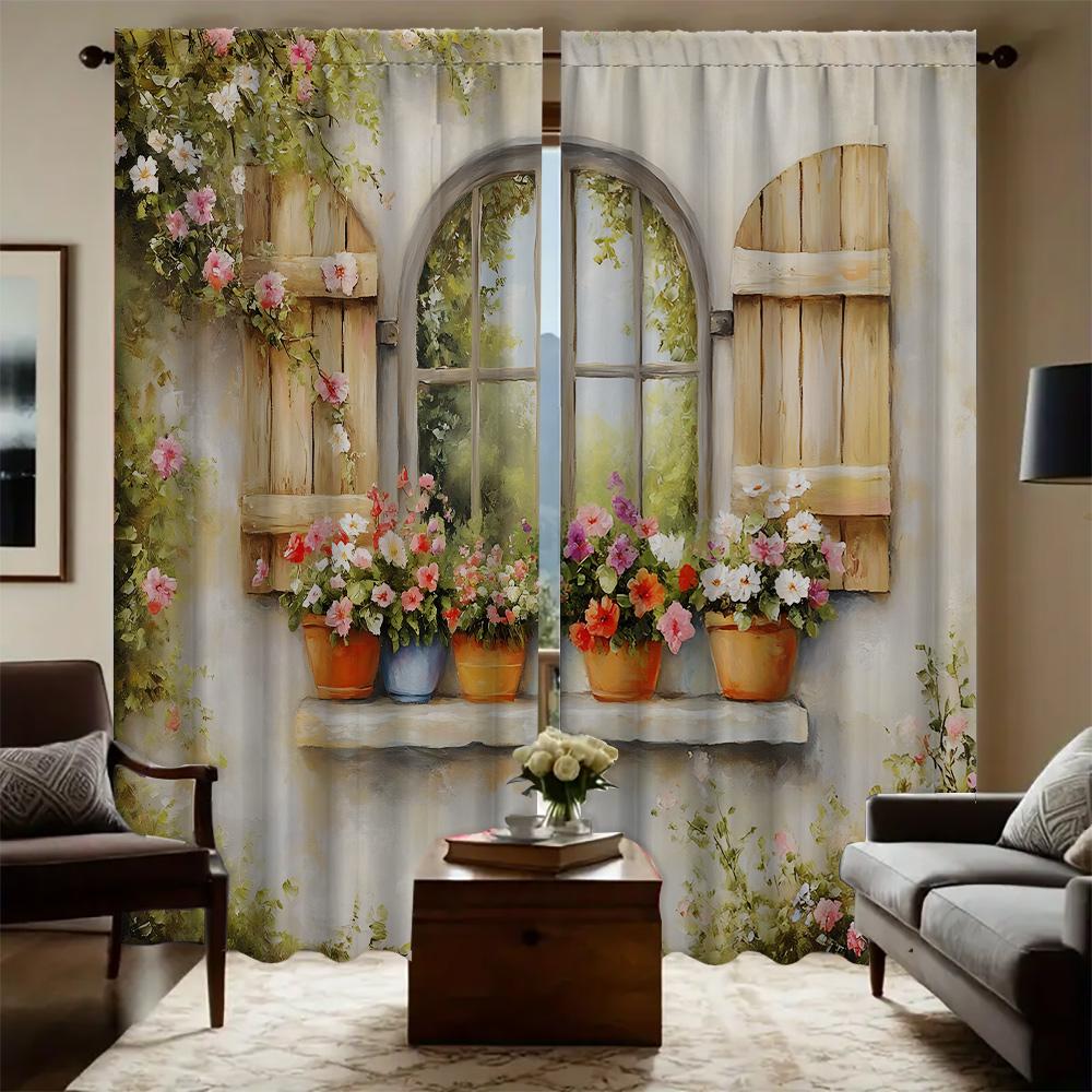 2 Stück Heim Nostalgische Landschaft Vorhänge Mit Landschaftshintergrund Und Stangentaschenvorhängen, Küche, Café, Wohnzimmer, Speck