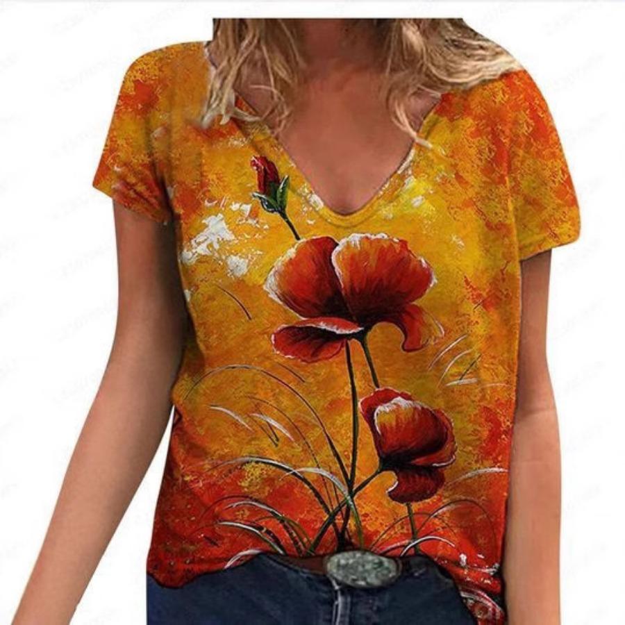 women fashion v neck short sleeve floral 3d print t shirt summer comfortable sportwear tops