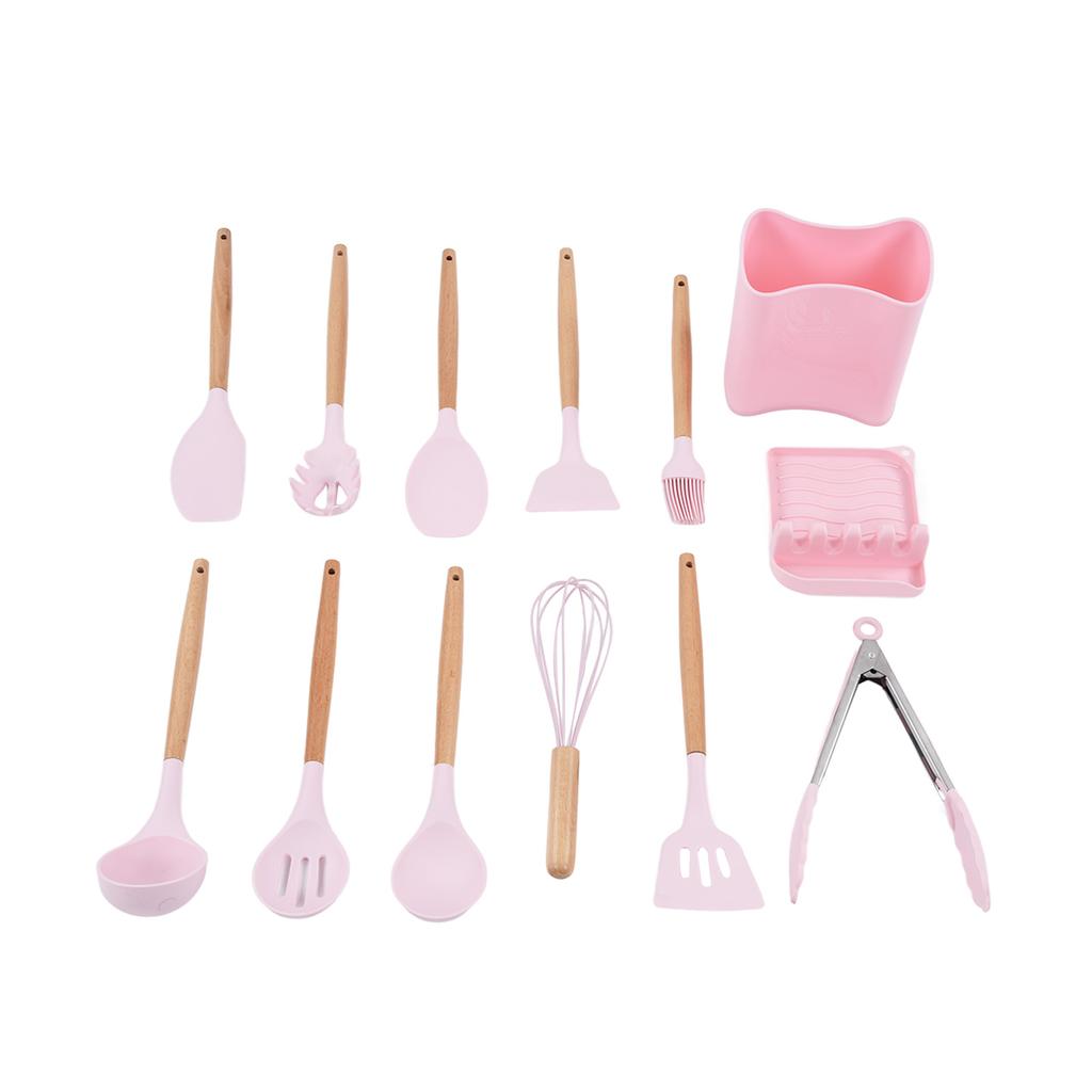 13Pcs Silicone Utensils Set Good Insulation Wooden Handle Food Grade Silicone Nonstick Utensils Set for Home Camping