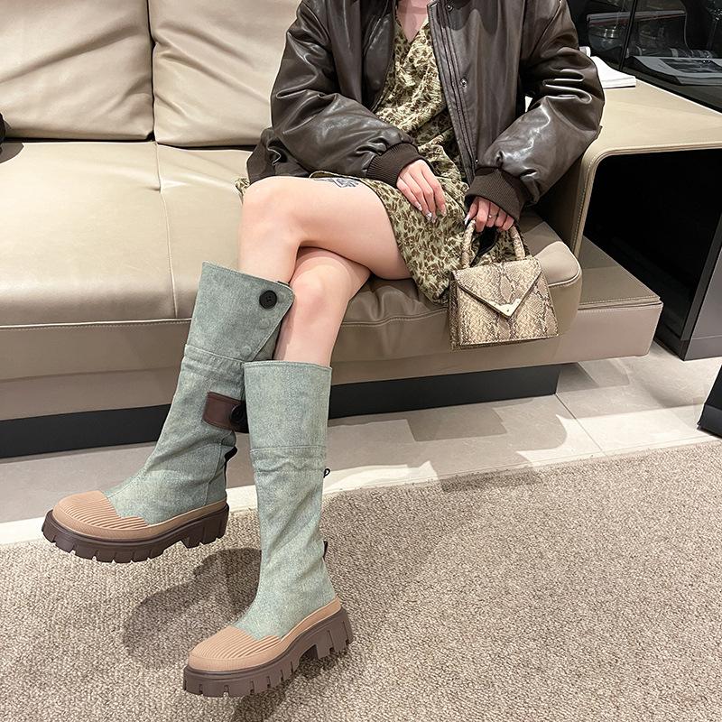But Knee Boots Women's 2025 New American Retro Cowboy Platform Tooling Boots Shell Head Tall Knight Boots