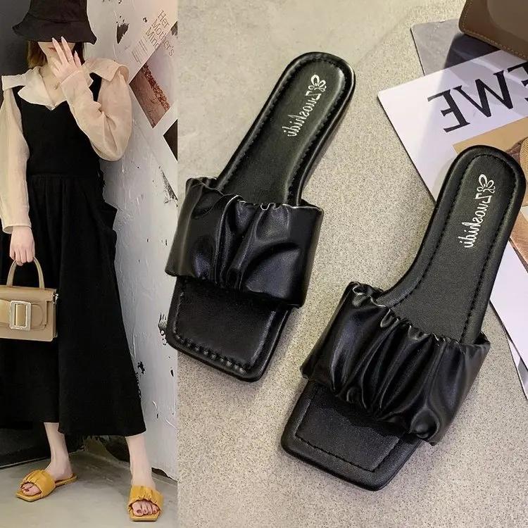 

Fashion Woman Flat Slides Slippers Summer 2025 New Stylish Square Head Pleated Sandals for Women Casual Flip Flops Solid Color Shoes 35 чёрный