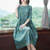 Women's Fashion Loose  Spring Summer Flower Pattern Print Half Sleeves Waistline  O-Neck Casual Dresses Skirt