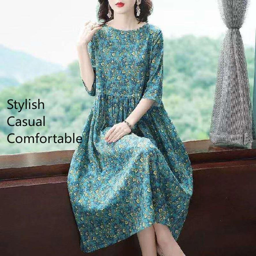 Women's Fashion Loose Spring Summer Flower Pattern Print Half Sleeves Waistline O-Neck Casual Dresses Skirt