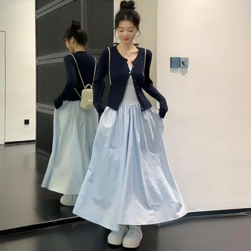 Korean Square Collar Suspender Dress for Women In Summer New Style Waist-hugging A-line Long-cut Skirt Gentle Small Puffy Skirt