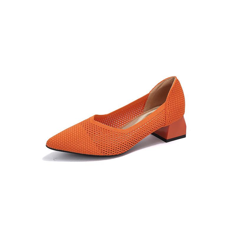 Spring and summer hollow flying knitting breathable knitting women's shoes pointed thick heel medium heel single shoes