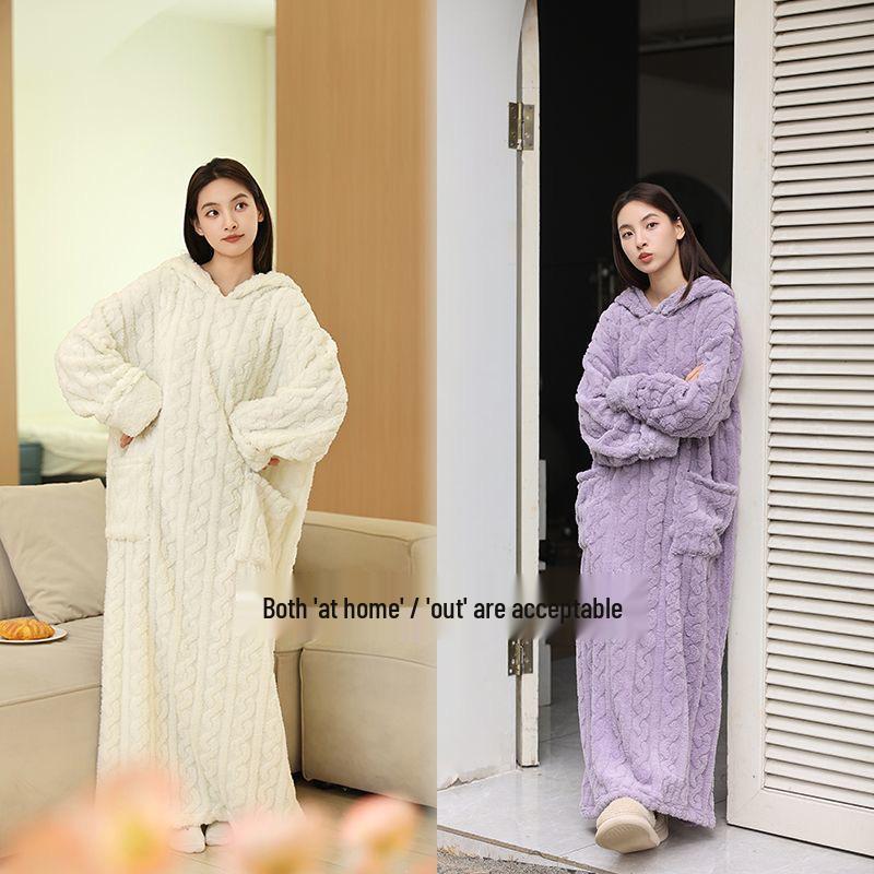 Damen Kapuzen-Zopfstrick-Pyjama-Set - Einfarbig, Dickes Korallenfleece, Plus Samt, Niedlicher langer Bademantel, Perfekt für Herbst und Winter