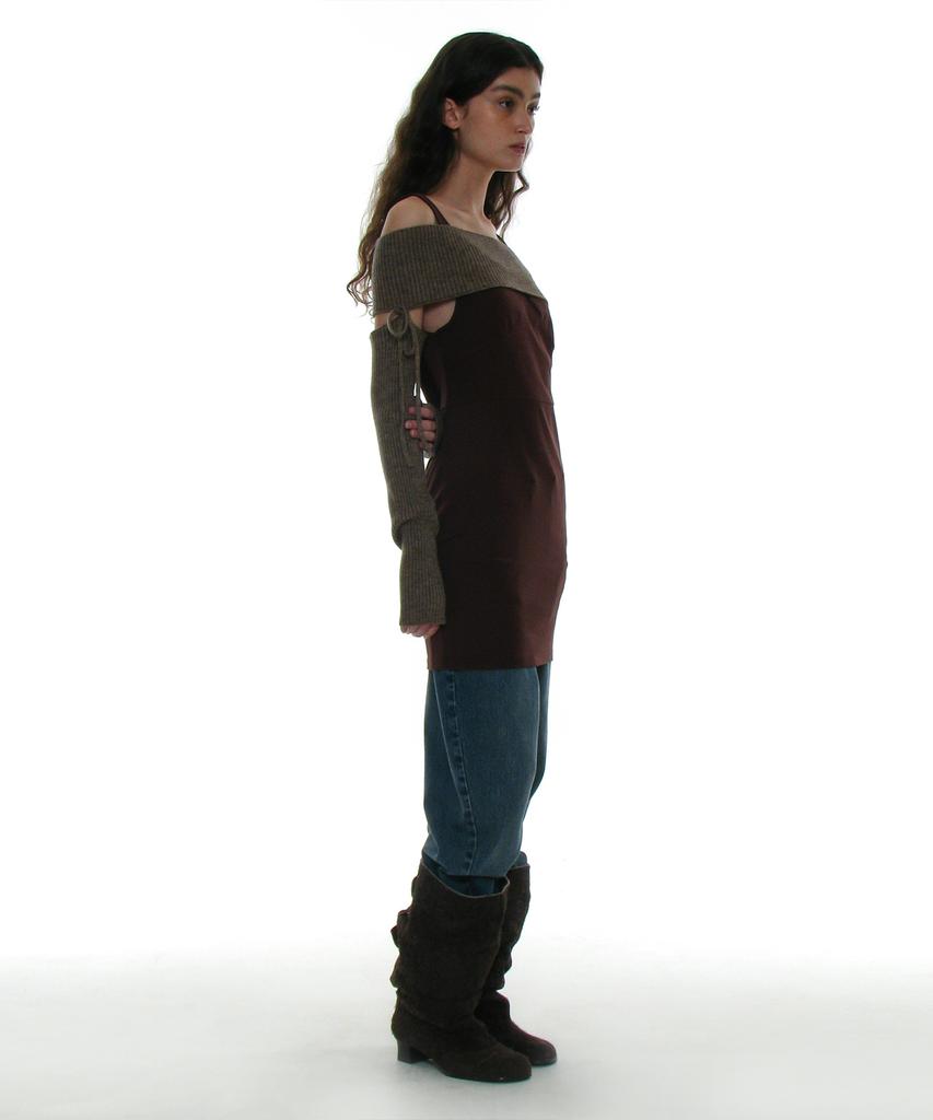 PARTIMENTO WOMEN Asymmetrical Knit Arm Warmer Top_Mix Beige