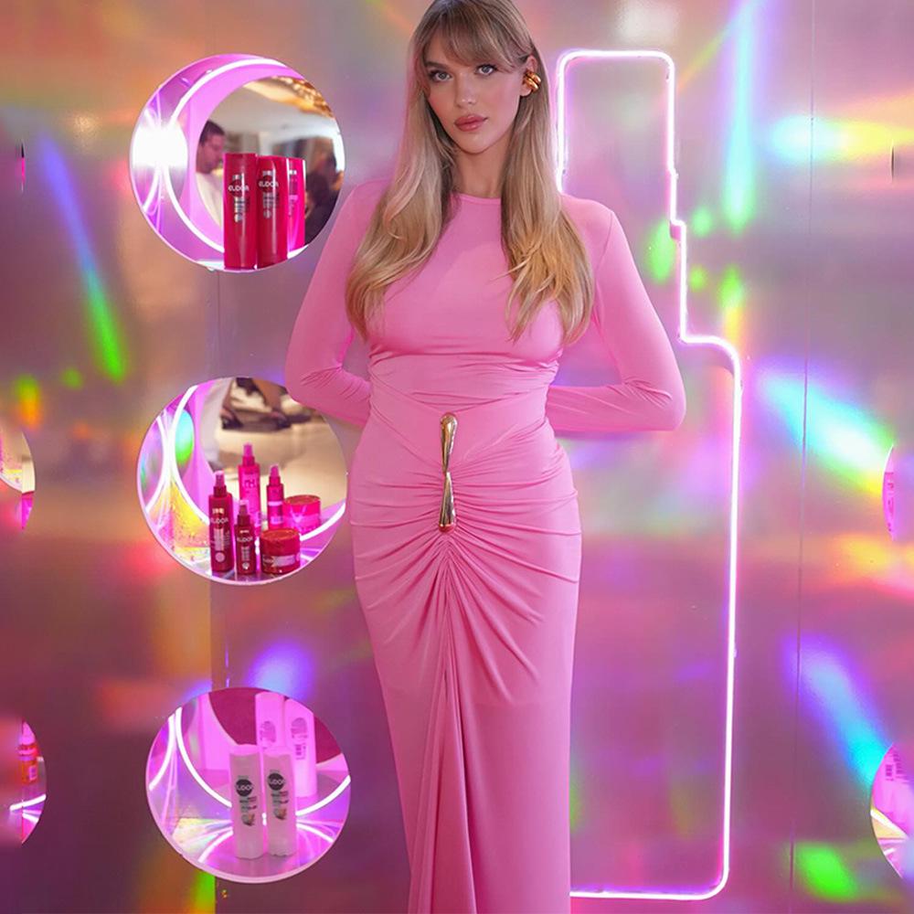 

2025 Autumn High Waist Bodycon Dress with Metal Detail and Long Sleeves Medium розовый
