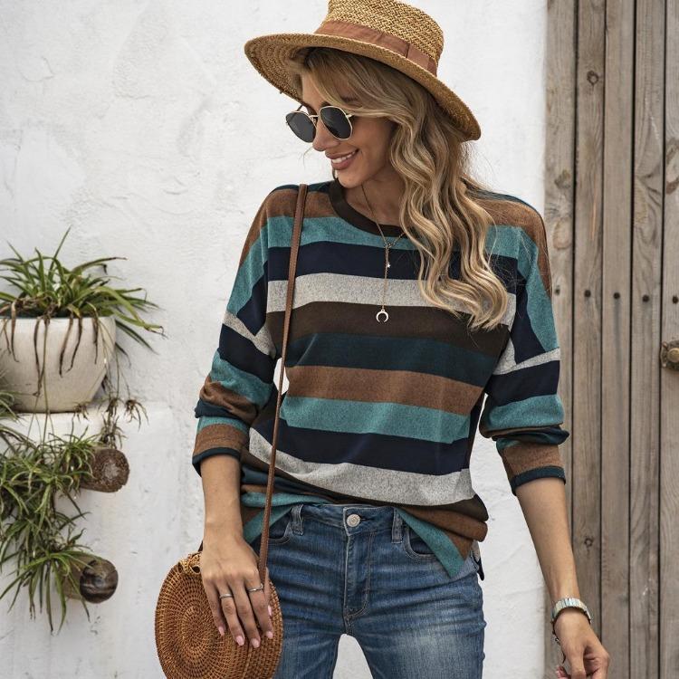 Oversize Women Loose Stripe Sweatshirt Sweater Round Neck Tshirt