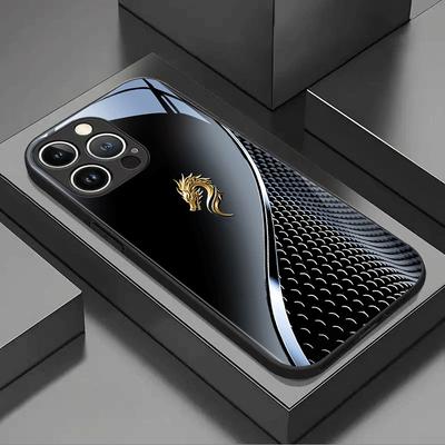 Zwart Zilver Goud Drakenkop Patroon Glazen Telefoonhoesje Voor iPhone 17 16 15 Pro Max 14 13 12 11 16E 17Air 7 8 Plus XR XS X Hoesje