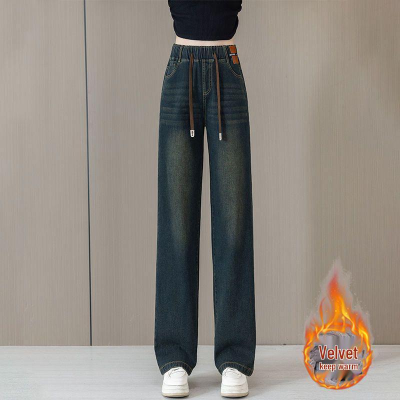 Velvet Elastic Waist Lambswool Jeans: Loose Winter High Waist, Stretch, Plus Size, Thickened Straight-Leg Pants (75-200)