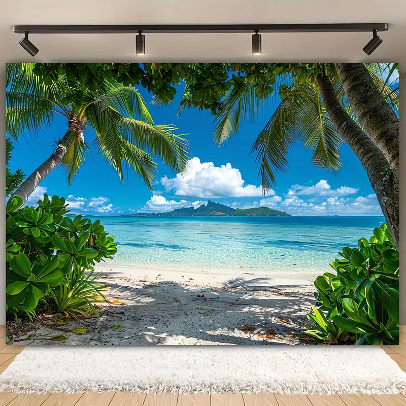 2D Summer Vacation Backdrop with Beach View, Overhanging Palm Trees and Sunlight Shadows 47.2x31.5inch/120*80cm
