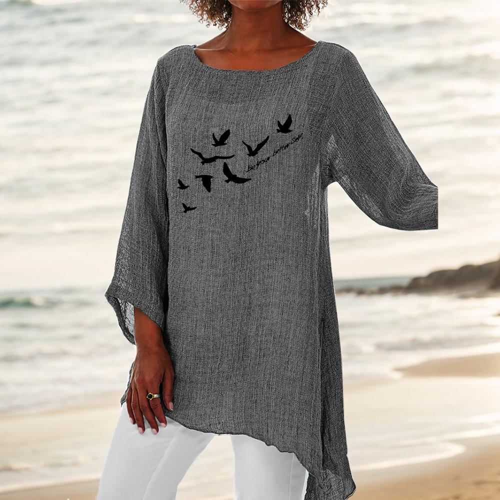 Women Fashion 3/4 Sleeve Top Round Neck Print Blouse Ladies Thin Cotton Linen Shirt