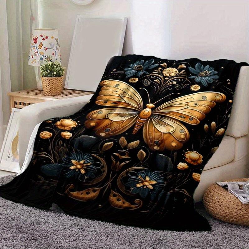 1pc Golden Butterfly Printing Lightweight Flannel Blanket, Comfortable and Warm Blanket, for Camping Sofa Bed and Couch Office, Gift