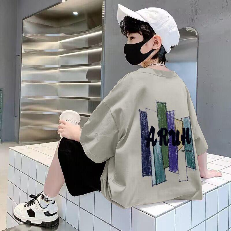 Boys' Short Sleeved T-shirt for Summer Loose and Handsome Printed Cartoon Half Sleeved Top for Children