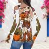 Women Plus Size Asymmetric Cutout Neck Cold Shoulder Long Sleeve Halloween Ghost Pumpkin Printed White Top