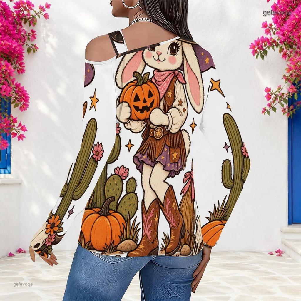 Women Plus Size Asymmetric Cutout Neck Cold Shoulder Long Sleeve Halloween Ghost Pumpkin Printed White Top