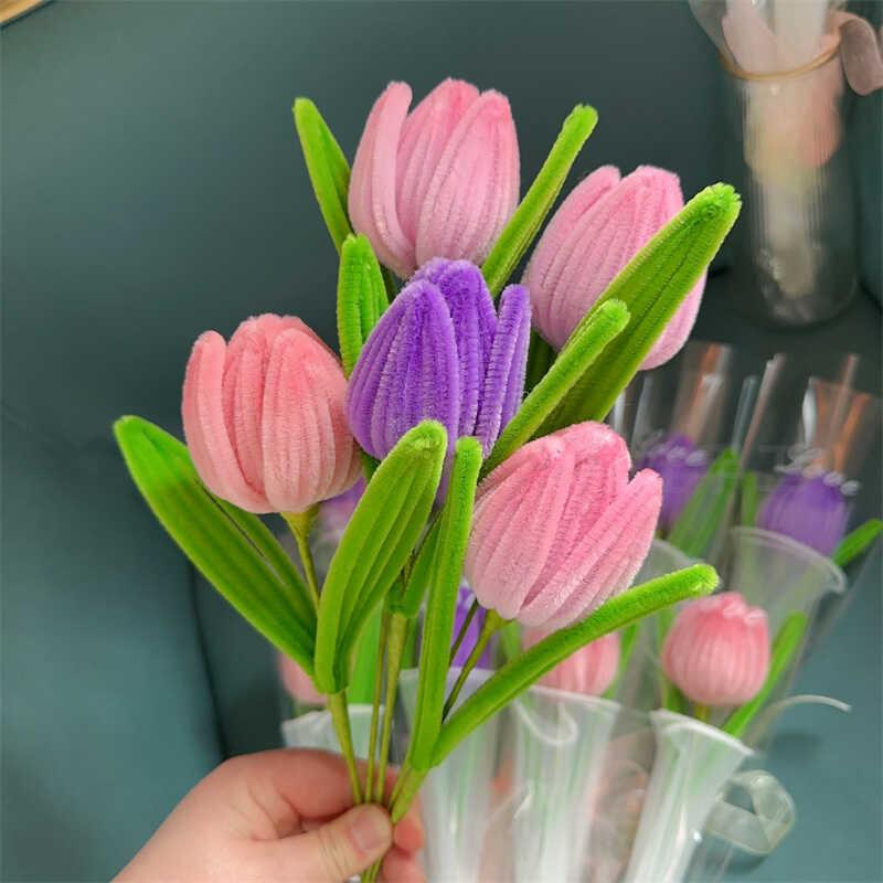 Knitting Flower Rose Tulips Single Bouquet Simulation Flower Home Decoration Wedding Hand-Knitted Crochet Fake Floral