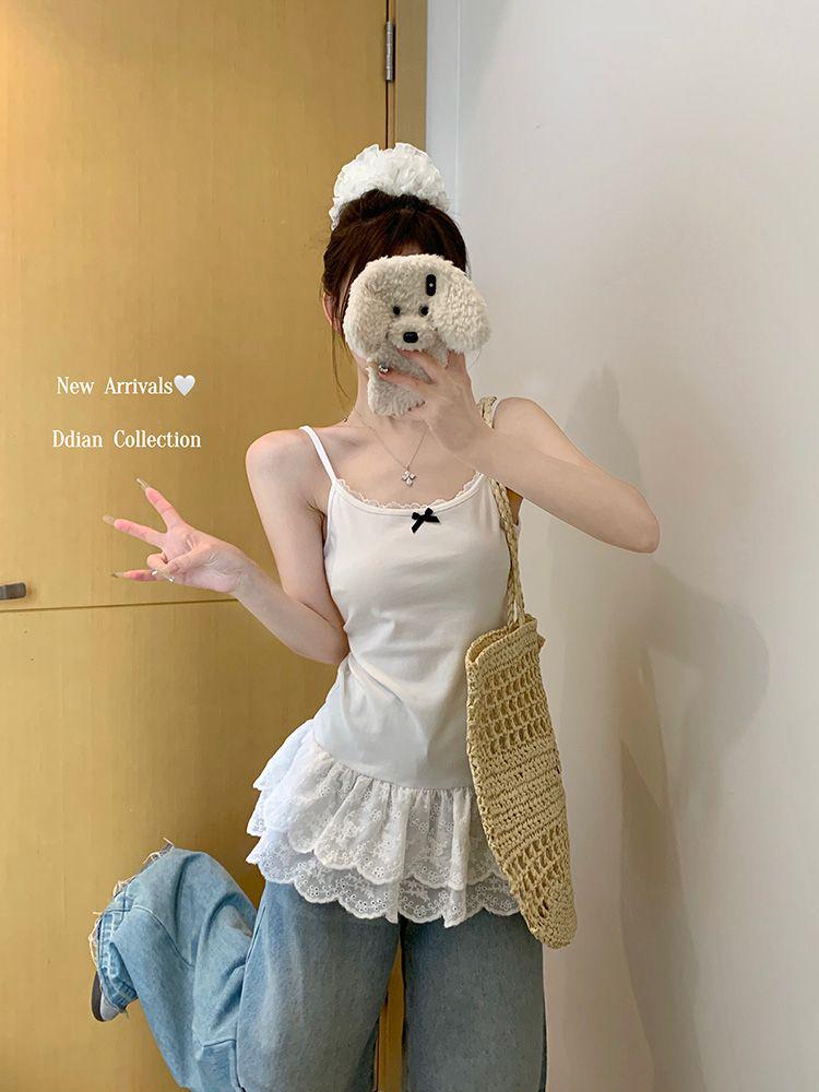 Women's White Bow Spaghetti Strap Ballet Tank Top with Lace Ruffle Hem
