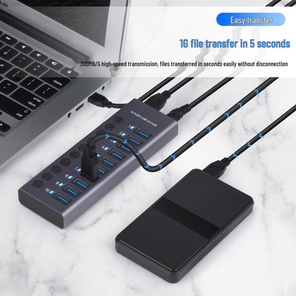 10-Port USB 3.0 Hub with Independent Switches and High Current Expansion Dock