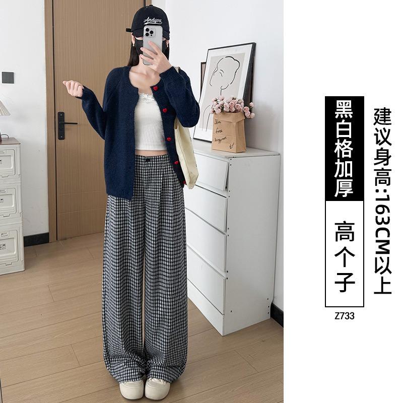 Retro plaid straight wide-leg pants women's autumn new high-waisted lazy loose thickened velvet trousers